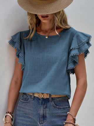 Ruffled Cap Sleeve Round Neck Blouse Divacious