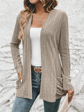 Ribbed Open Front Cardigan with Pockets Divacious