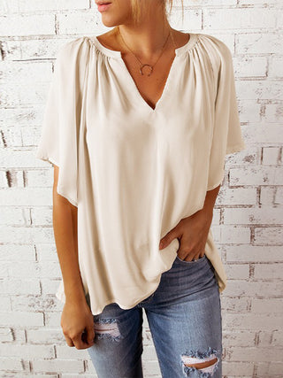 Ruched Notched Half Sleeve Blouse Divacious