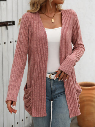 Open Front Long Sleeve Ribbed Cardigan Divacious