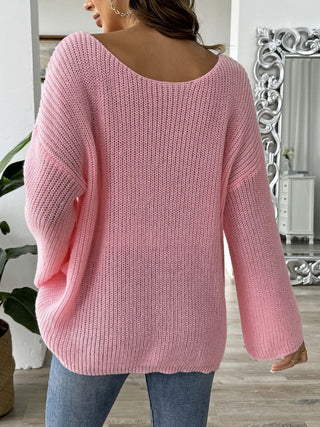 Heart Boat Neck Dropped Shoulder Sweater - Divacious