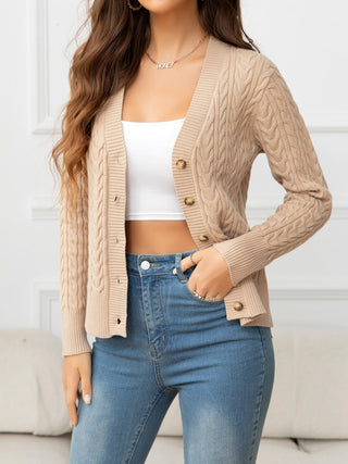 V-Neck Long Sleeve Cable-Knit Buttoned Knit Top Divacious