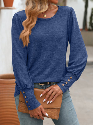 Decorative Button Round Neck Long Sleeve T-Shirt Divacious