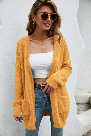 Open Front Openwork Fuzzy Cardigan with Pockets Divacious