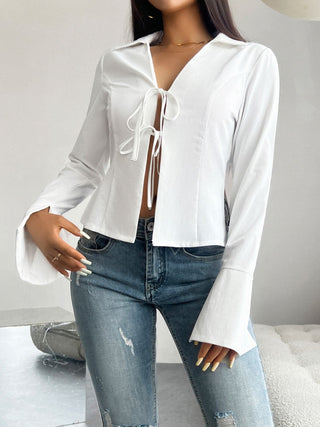 Slit Tied Collared Neck Long Sleeve Blouse - Divacious