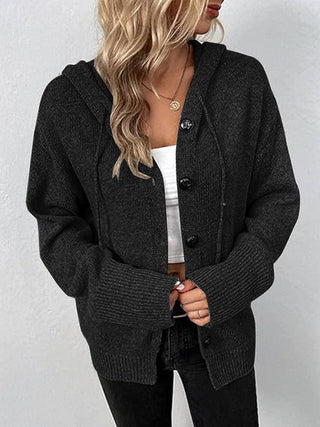 Button Up Drawstring Long Sleeve Hooded Cardigan Divacious