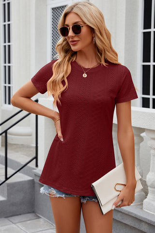 Eyelet Slit Round Neck Short Sleeve T-Shirt Divacious