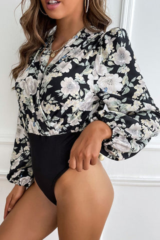 Floral Surplice Neck Puff Sleeve Bodysuit Divacious