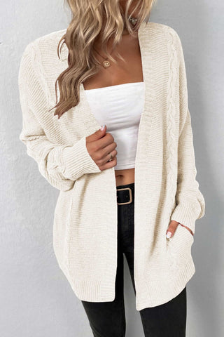 Cable-Knit Open Front Cardigan with Pockets Divacious