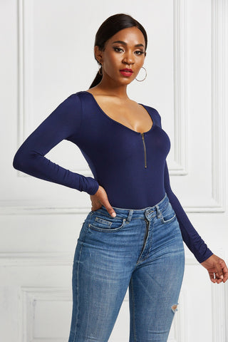 Half Zip Scoop Neck Long Sleeve Bodysuit Divacious