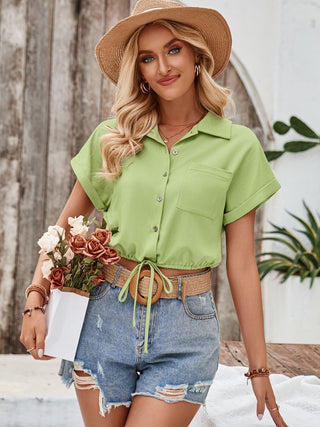 Drawstring Pocketed Collared Neck Short Sleeve Shirt Divacious