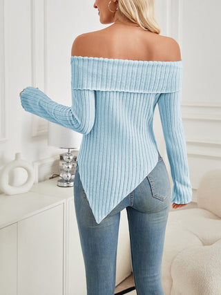 Ribbed Asymmetrical Hem Off-Shoulder Long Sleeve T-Shirt - Divacious