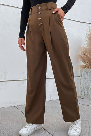 Button-Fly Pleated Waist Wide Leg Pants with Pockets Divacious