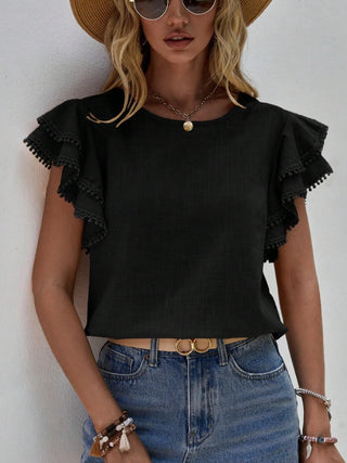 Ruffled Cap Sleeve Round Neck Blouse Divacious