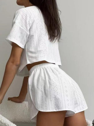 Eyelet Round Neck Top and Shorts Set Trendsi