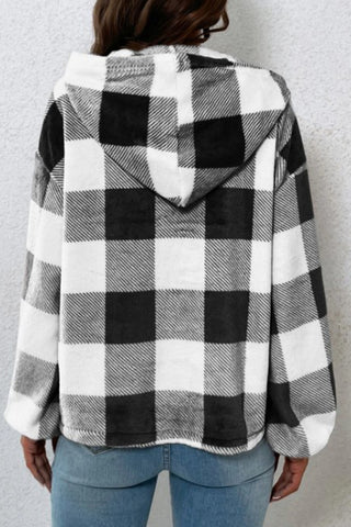 Plaid Quarter Button Dropped Shoulder Hoodie Divacious