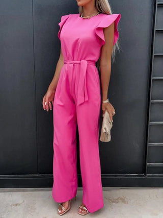 Ruffled Round Neck Cap Sleeve Jumpsuit Divacious