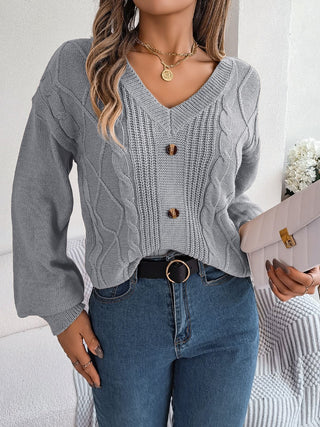 Cable-Knit Buttoned V-Neck Sweater Divacious