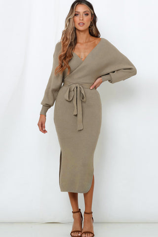 Surplice Neck Bow Waist Slit Sweater Dress Divacious