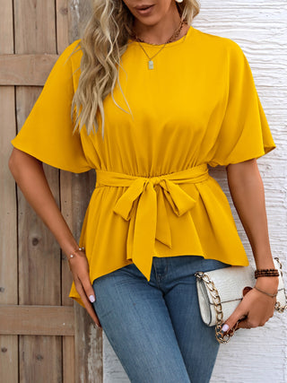 Tied Round Neck Half Sleeve Blouse Divacious