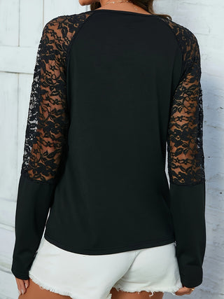 Lace Notched Long Sleeve Blouse Divacious