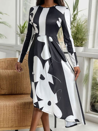 Perfee Asymmetrical Slit Round Neck Long Sleeve Midi Dress Trendsi