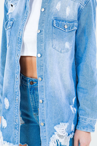 Frayed Hem Distressed Denim Shirt Jacket Divacious