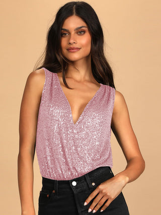 Sequin Surplice Sleeveless Bodysuit Divacious