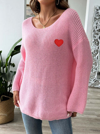 Heart Boat Neck Dropped Shoulder Sweater - Divacious