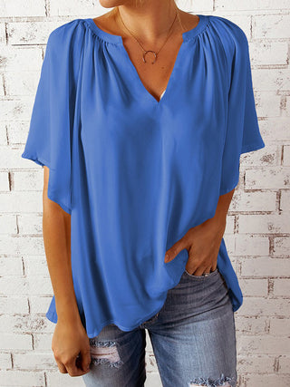 Ruched Notched Half Sleeve Blouse Divacious