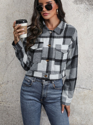 Plaid Button Up Drop Shoulder Cropped Jacket Divacious