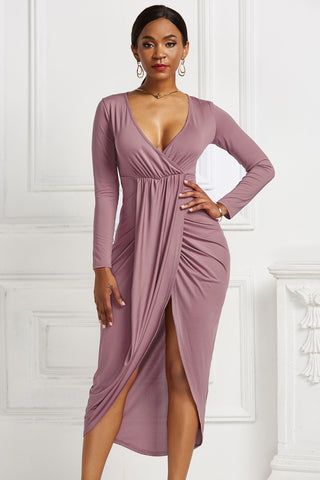 High-low Ruched Surplice Long Sleeve Dress Trendsi