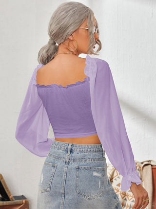 Mesh Sweetheart Neck Flounce Sleeve Top Divacious