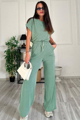 Round Neck Short Sleeve Top and Drawstring Pants Set Trendsi