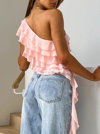 Layered Ruffled One Shoulder Tank Divacious