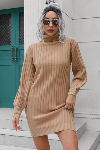 Ribbed Turtle Neck Long Sleeve Mini Sweater Dress Divacious