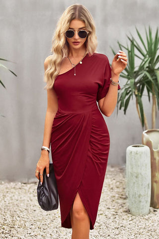 Devine Ruched One-Shoulder Tulip Hem Dress Trendsi