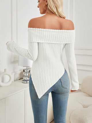 Ribbed Asymmetrical Hem Off-Shoulder Long Sleeve T-Shirt - Divacious