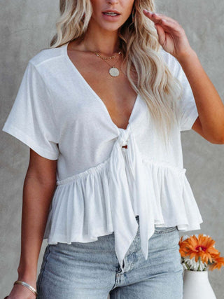 Tied Plunge Short Sleeve Blouse Divacious