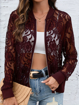 Sheer Lace Zip Up Long Sleeve Jacket Divacious