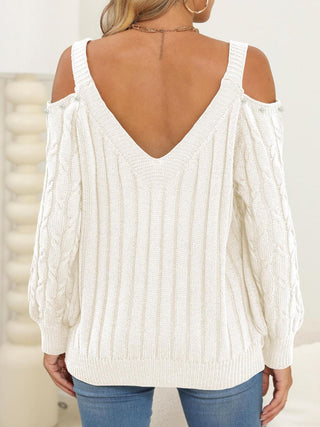 Cable-Knit Cold Shoulder Sweater - Divacious