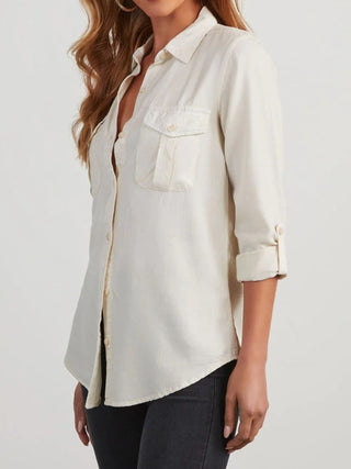 Collared Neck Roll-Tab Sleeve Denim Top - Divacious