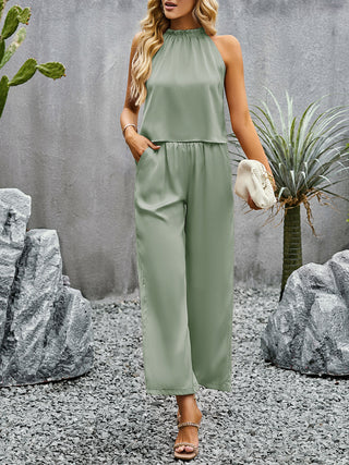 Devine Grecian Neck Sleeveless Pocketed Top and Pants Set Trendsi