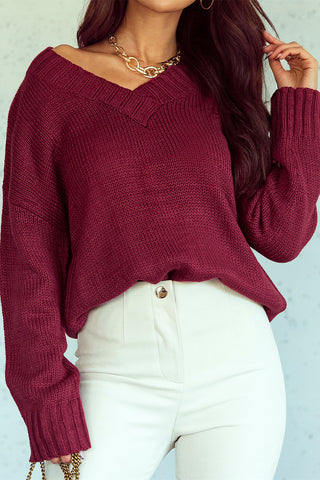 V-Neck Dropped Shoulder Sweater Divacious