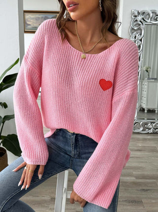 Heart Boat Neck Dropped Shoulder Sweater - Divacious