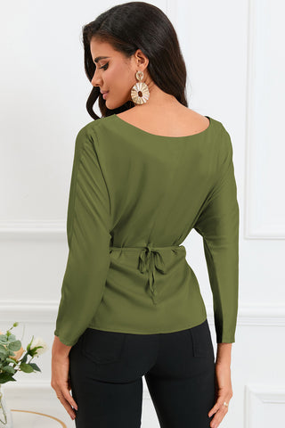 Boat Neck Back Tie Long Sleeve Satin Blouse Divacious