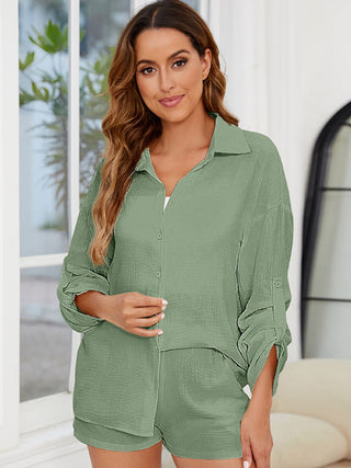 Button Up Long Sleeve Top and Shorts Set Trendsi