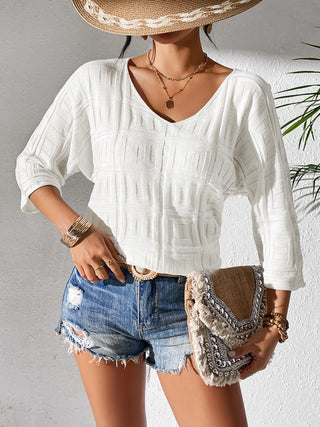 V-Neck Three-Quarter Sleeve Knit Top Divacious