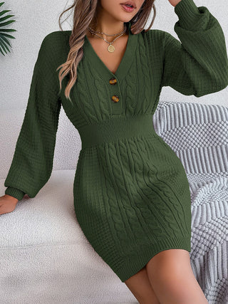 Buttoned Cable-Knit V-Neck Sweater Dress Divacious