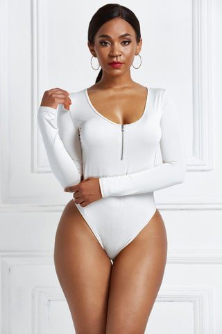 Half Zip Scoop Neck Long Sleeve Bodysuit Divacious